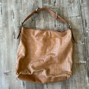 Sabina New York Tan Leather Woven-look whipstitch Boho purse
